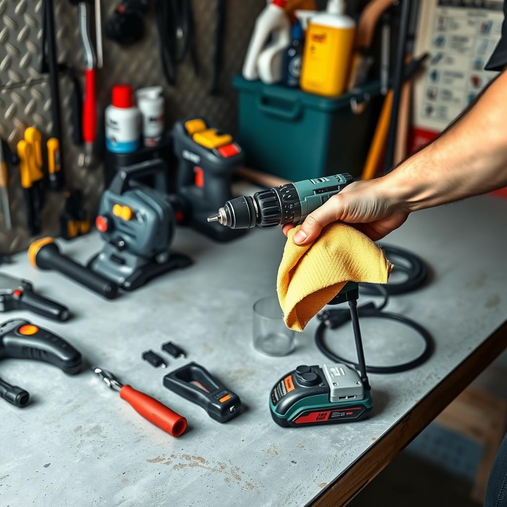 Person cleaning a power drill on a workbench with other power tools in a garage.