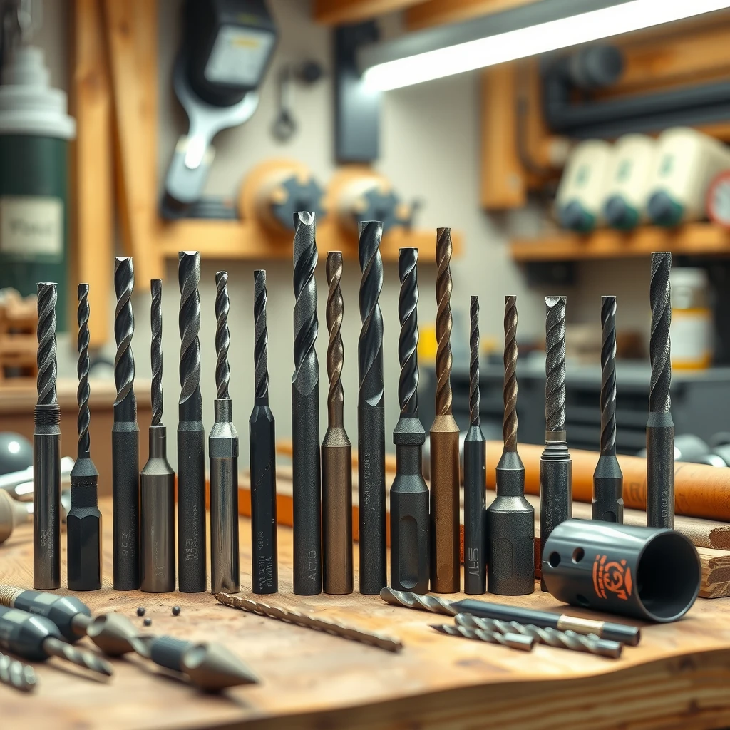 Assortment of different drill bits displayed on a workbench