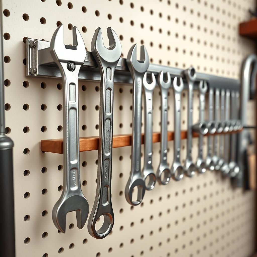 Organized tool rack with various wrenches on a pegboard in a workshop.