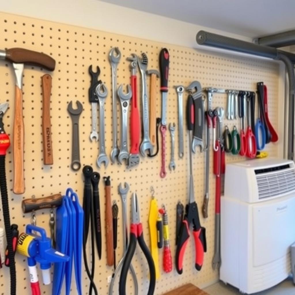 Organized garage pegboard with clean hand tools like hammers and screwdrivers, hung neatly in a dry, well-lit space.