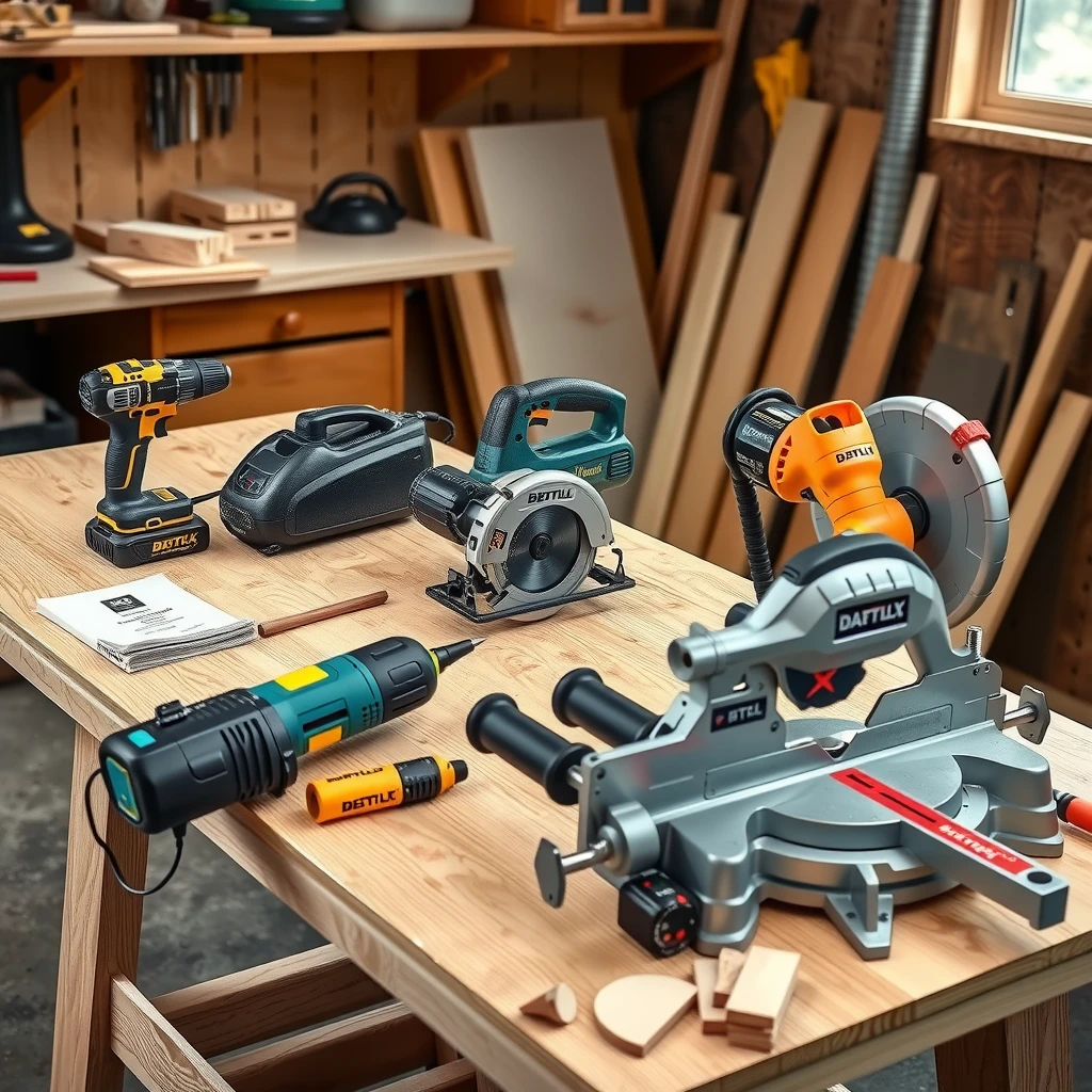 Essential beginner power tools arranged on a workbench