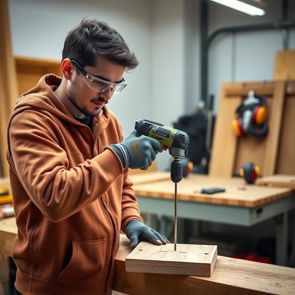 Beginner in safety gear using a cordless drill in a tidy workshop.