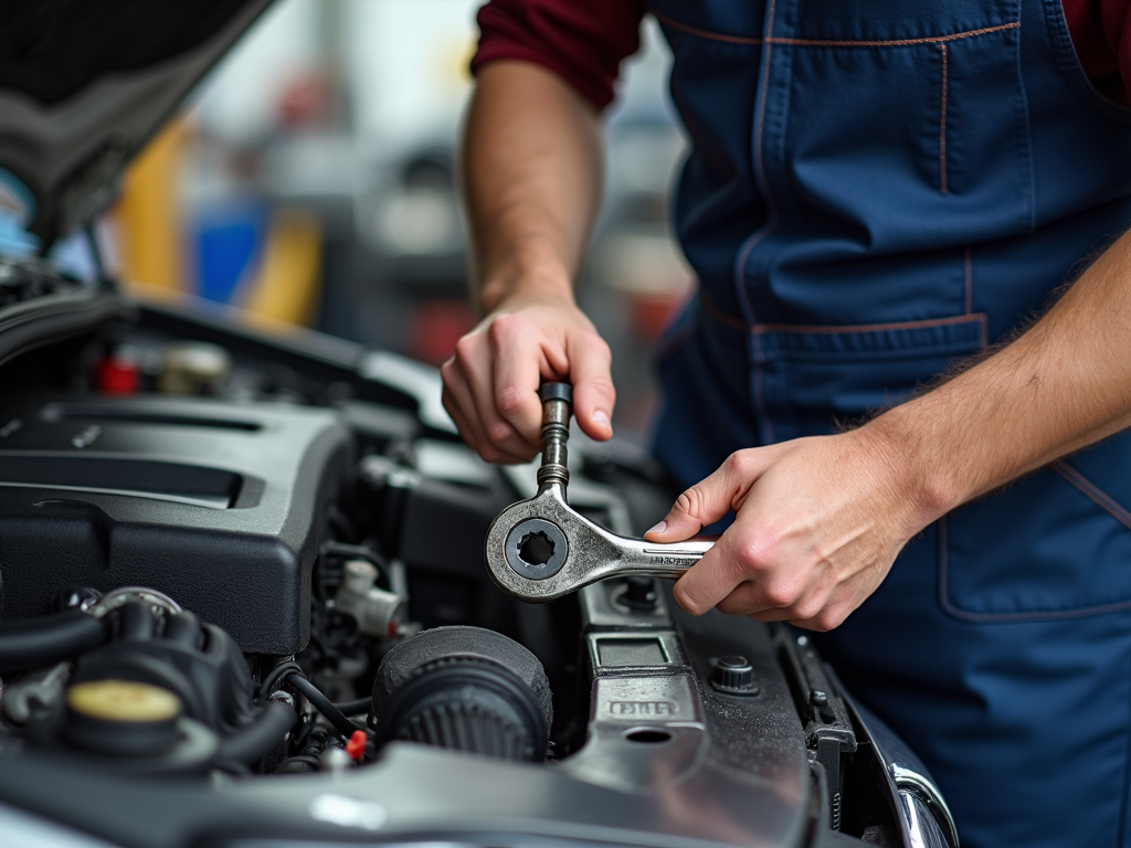 Mechanic using an ergonomic wrench comfortably on a car engine.