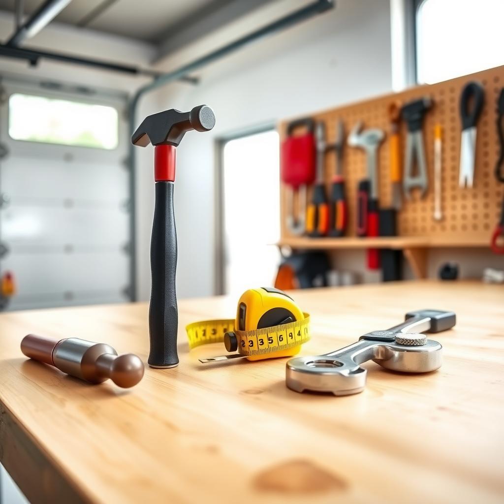 A neatly organized garage workbench with essential DIY tools, including a hammer, screwdriver, and adjustable wrench, under natural light.