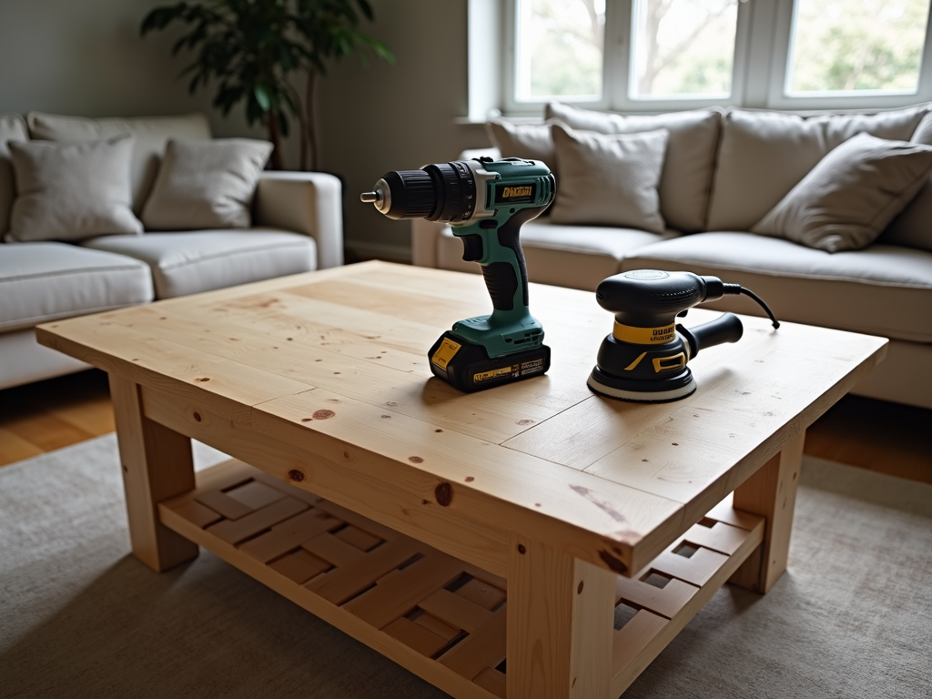 Completed DIY coffee table with tools