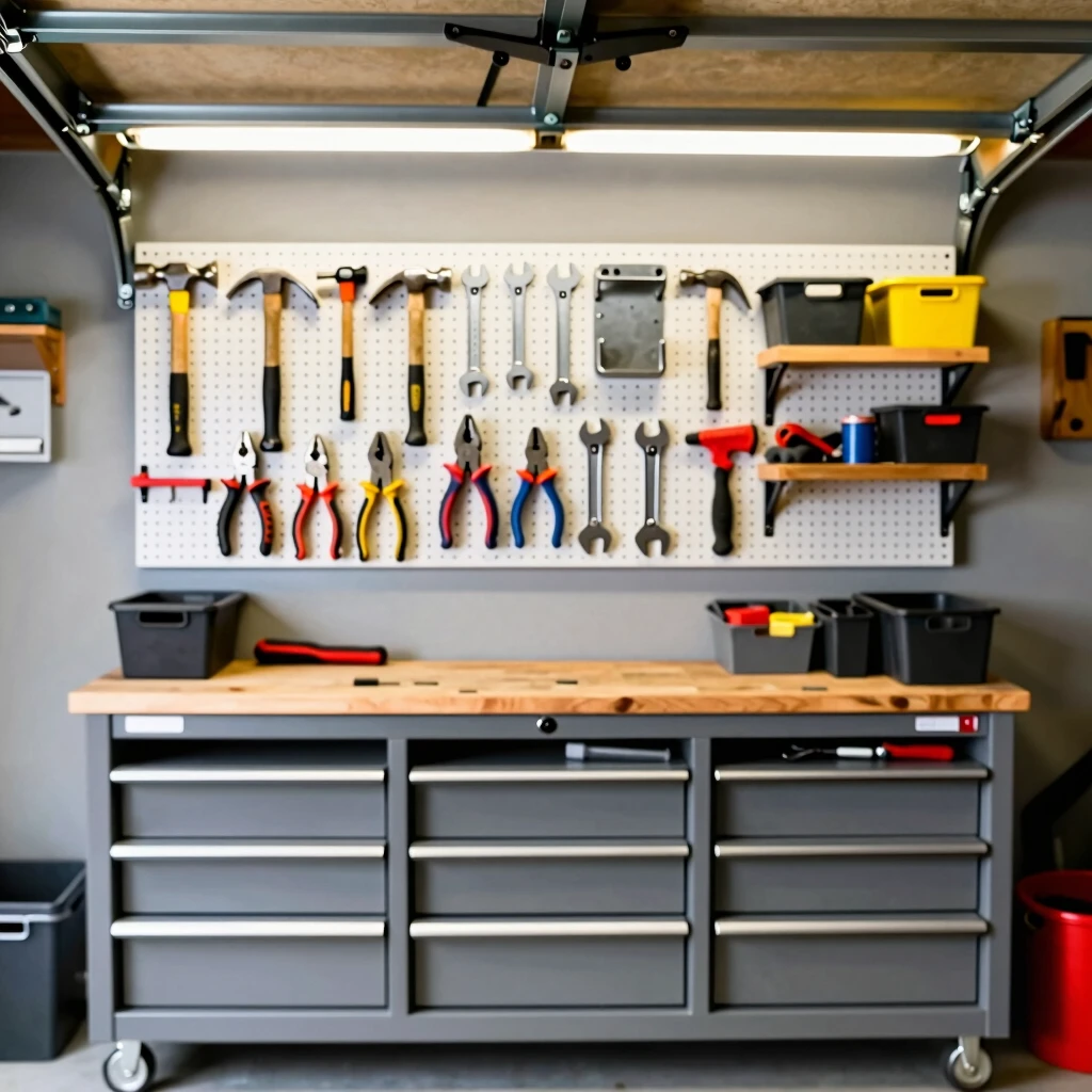 Well-organized small garage workshop with pegboard tool storage and workbench