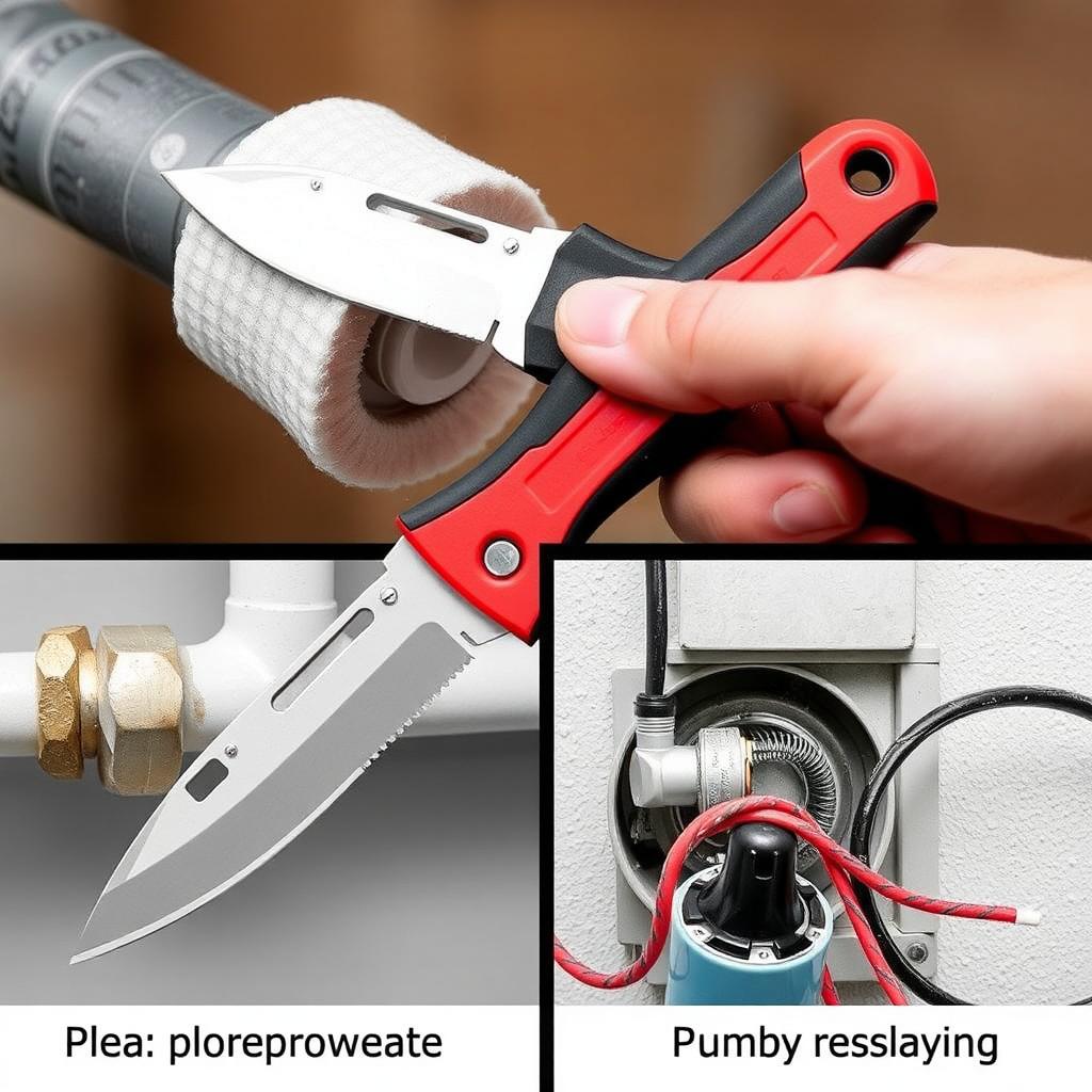 A utility knife cutting pipe insulation during a repair job.