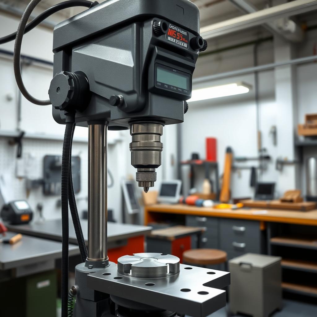 Modern drill press with digital depth gauge drilling into a metal workpiece in a professional workshop.