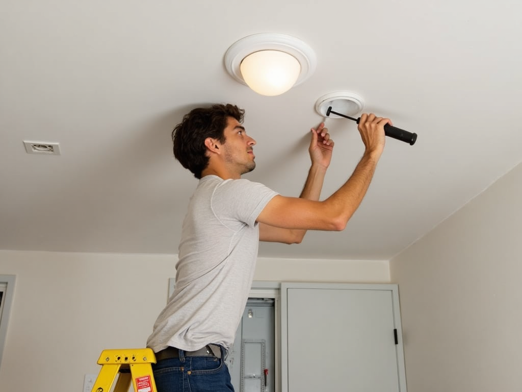 A person safely installing a new light fixture with the power turned off.