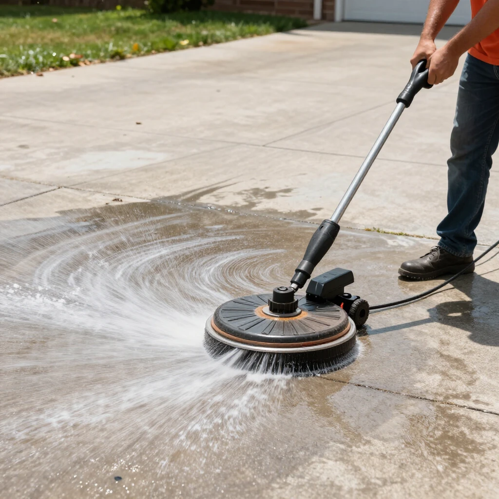 Surface cleaner attachment in action on a concrete driveway