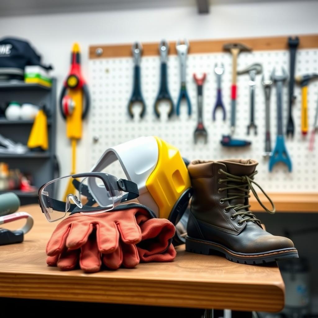 Neatly arranged safety gear including glasses, gloves, and boots on a workbench in a tidy garage.