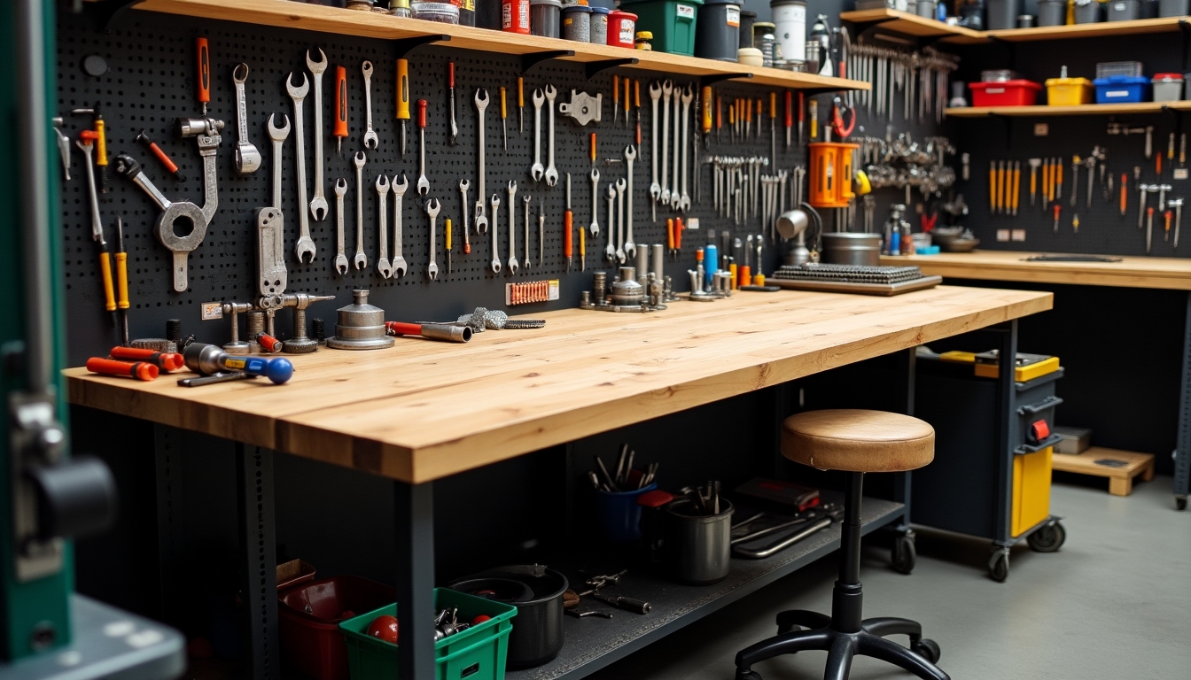 A sturdy and spacious professional workbench with tools and a stool nearby.
