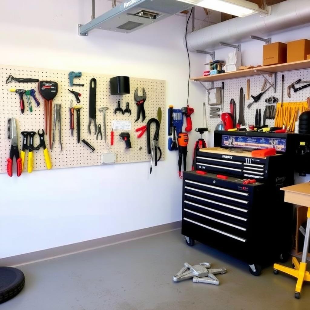 A professional workshop featuring multiple hand tools storage solutions.