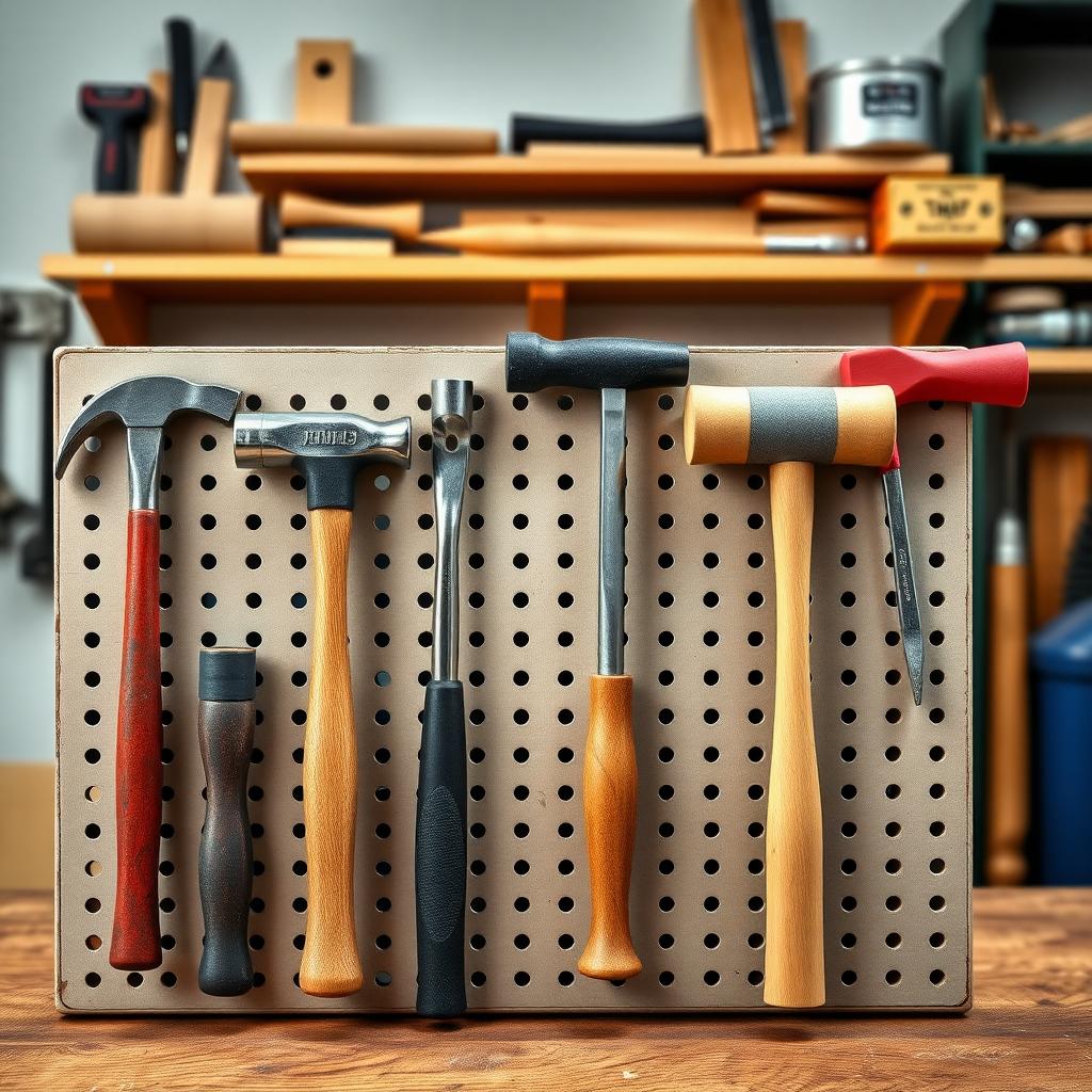 Collection of hammers on a workshop pegboard