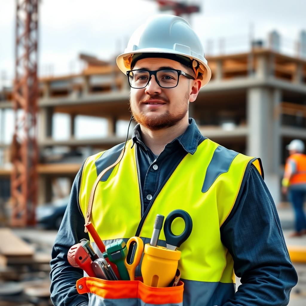 Construction worker equipped with essential safety gear on a job site.