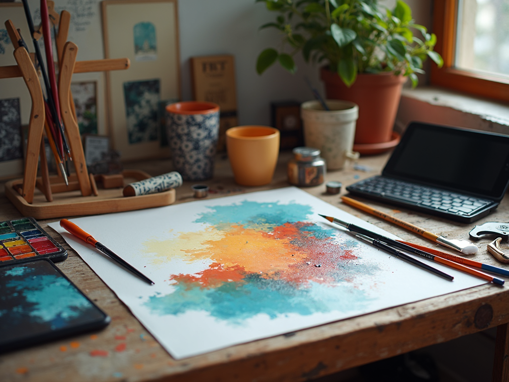 Modern artist’s studio with brushes, palette knives, and a digital tablet.