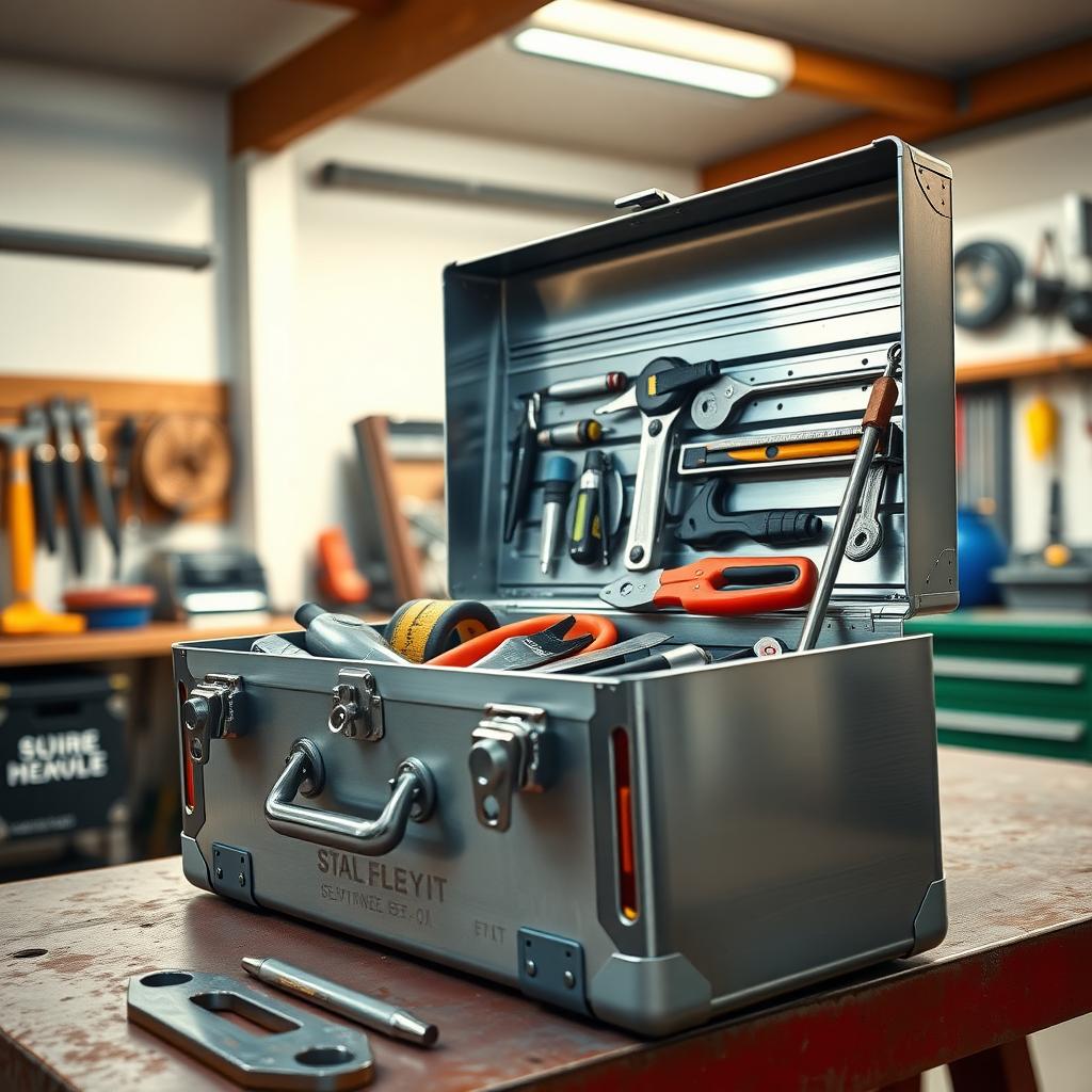 Open metal toolbox with neatly arranged, polished tools on a workbench.