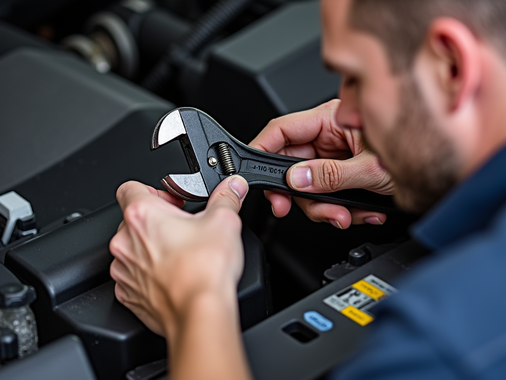 Worker using an ergonomic wrench in a tight space, demonstrating ease of use