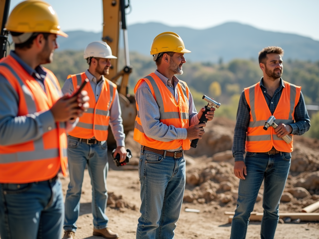 Workers with ergonomic tools on a construction site.