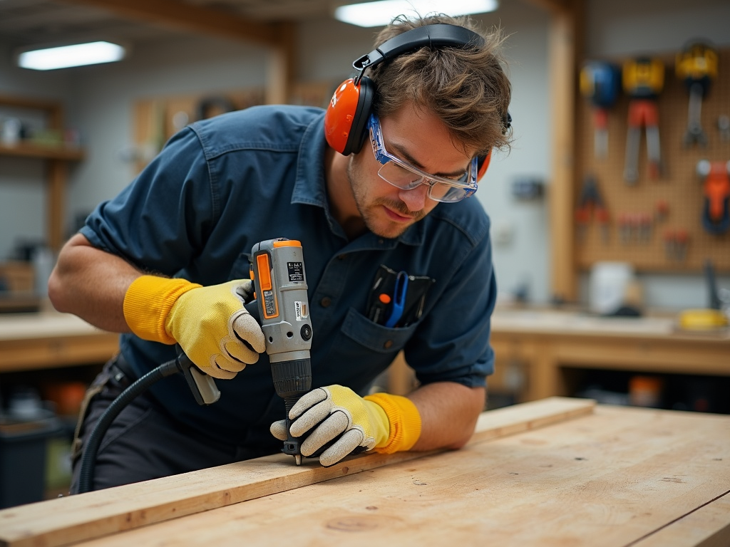 Safety gear and an organized workspace enhance power tool safety.