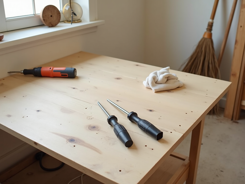 Clean workbench with tools and broom