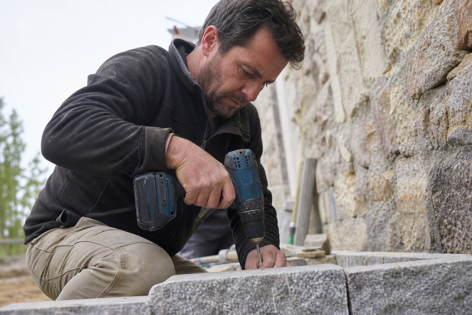 Handyman using cordless drill on masonry project