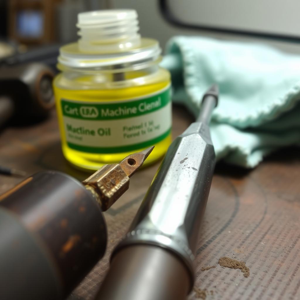 A rusty, worn screwdriver beside a clean, maintained one on a workbench with oil and a cloth.