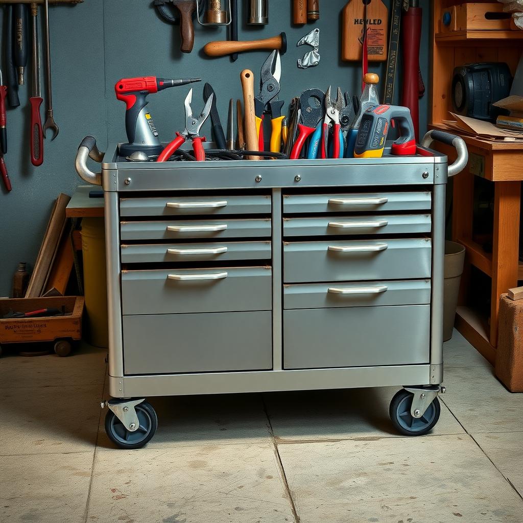 A mobile storage cart with a metallic finish, containing neatly organized hand tools like chisels, pliers, and a hand saw in a workshop setting.