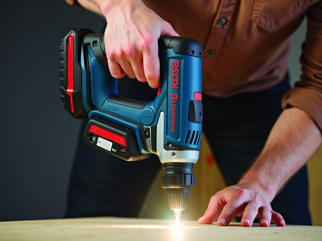 Bosch cordless hammer drill in use, highlighting precision and safety features