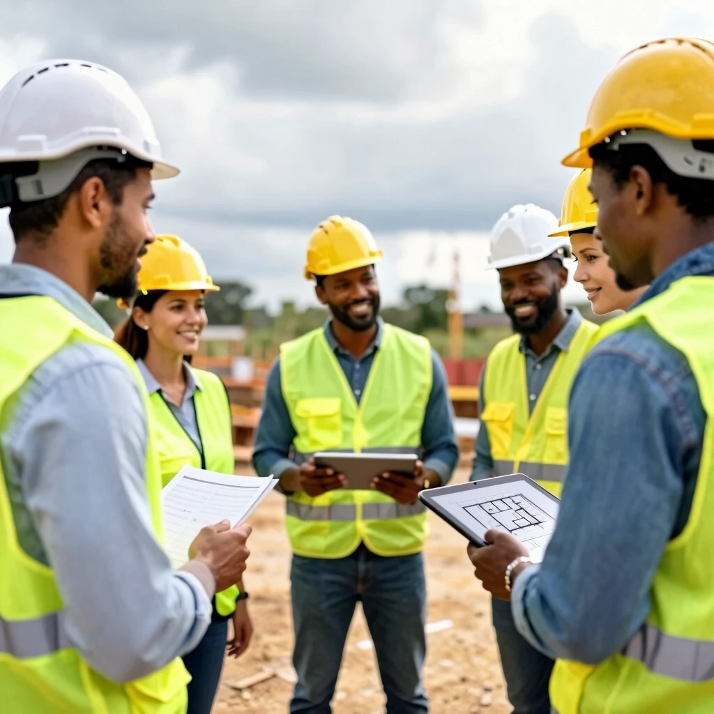 Construction team in a productive morning huddle