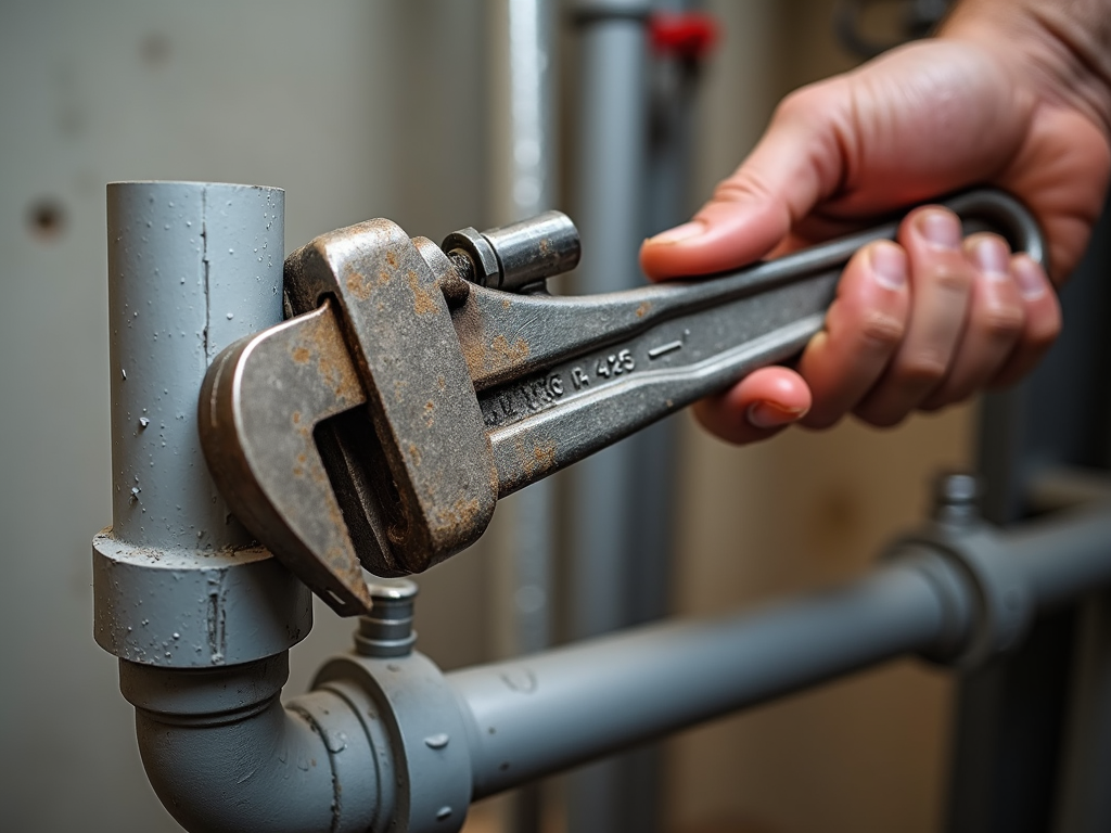 A sturdy pipe wrench clamped onto a plumbing pipe, demonstrating its design and practical usage in plumbing.
