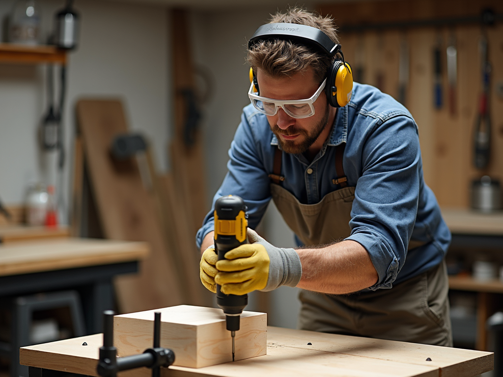 A person safely using a power drill with proper safety gear and precautions.
