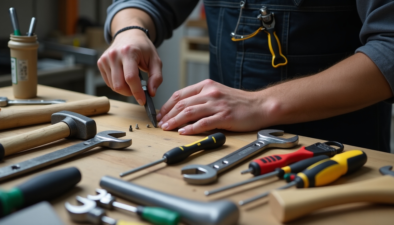 A skilled craftsman organizing tools in a professional workbench, demonstrating effective workspace setup.