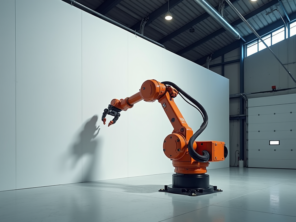 Robotic painter at work in an industrial setting.
