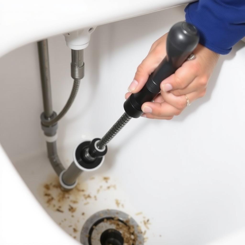 Plumber using a hand auger to unclog a drain.
