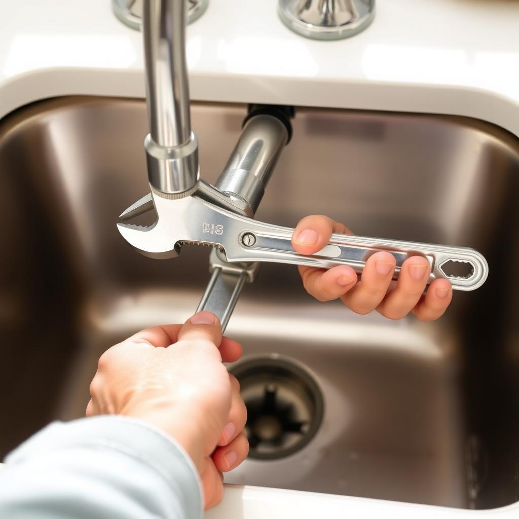 Hands using an adjustable wrench to fix a faucet under a kitchen sink, with water droplets on the sink surface.