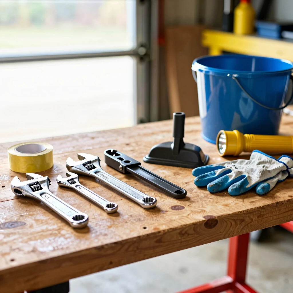 Beginner's plumbing tools arranged on a workbench