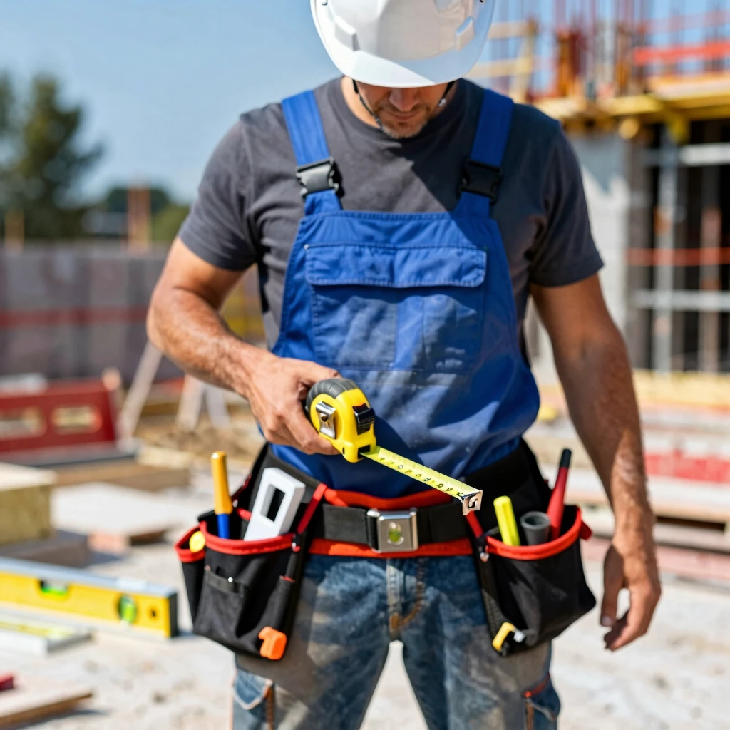 Construction worker with tool belt containing measuring tools