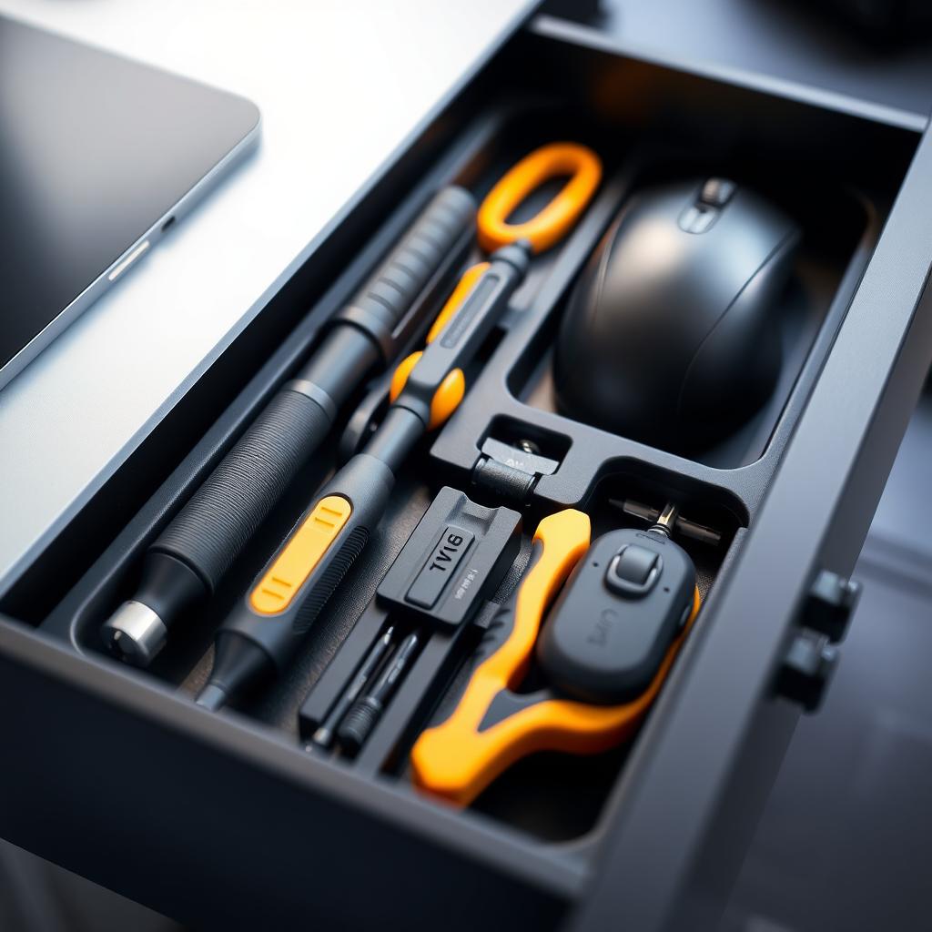 Organized desk drawer with ergonomic hand tools like a cushioned pen and precision screwdriver.
