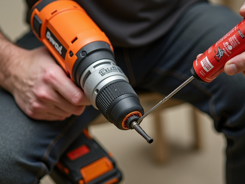 Applying lubricant to a power drill to ensure smooth operation.