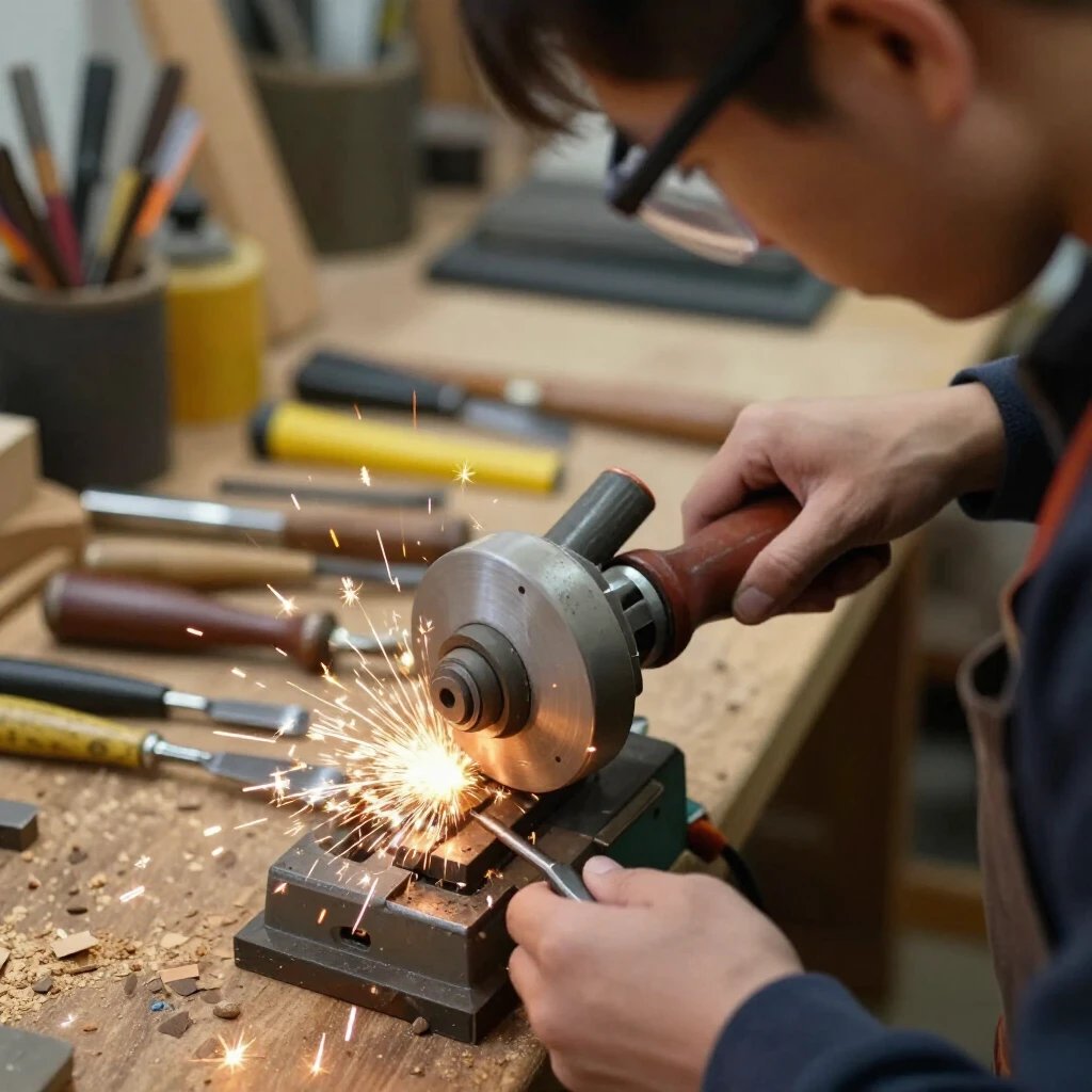 Person sharpening woodworking tools in workshop