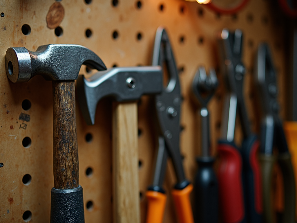 Tools hanging on a workshop pegboard