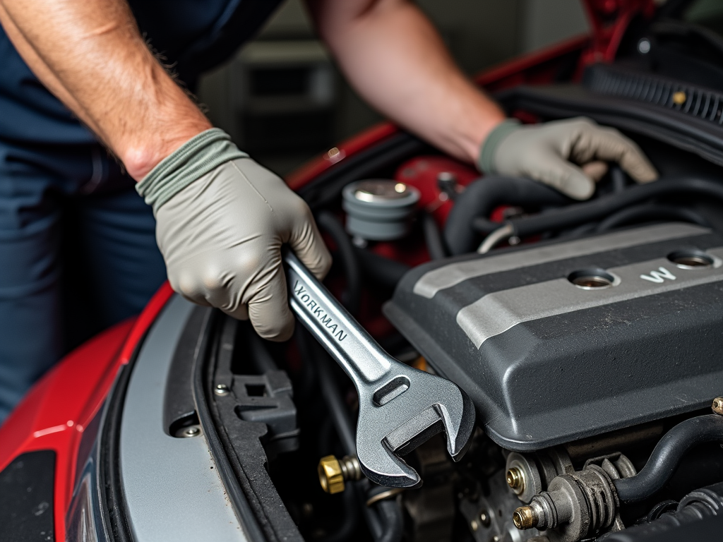 A mechanic using a workman wrench on a car engine.