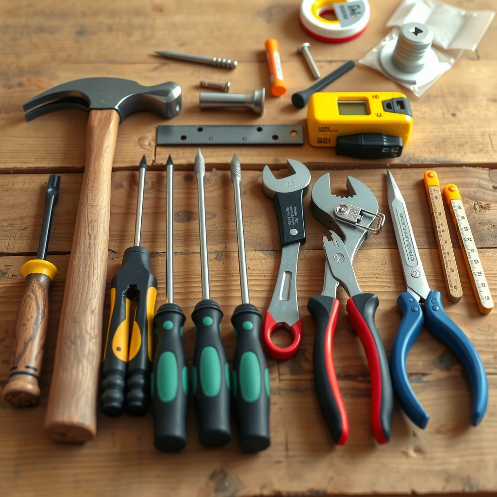 Essential workman tools laid out for beginners