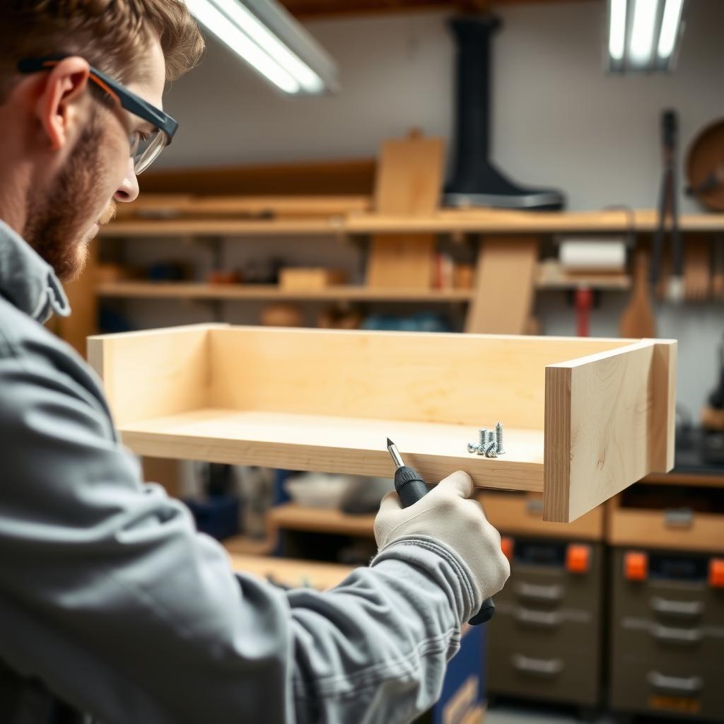 Person safely using a screwdriver to build a wooden shelf in an organized workshop.