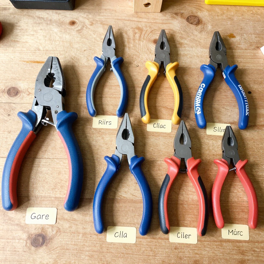 Various types of pliers displayed on a workbench