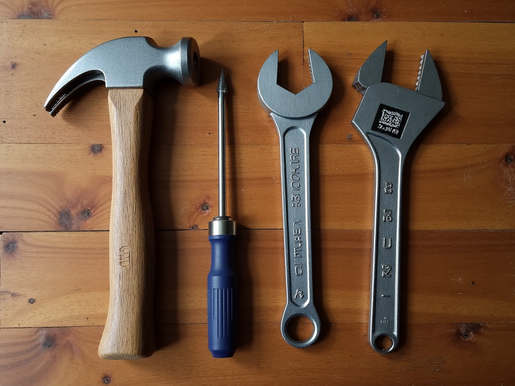Hammer, wrench, and screwdriver organized on a wooden workbench.