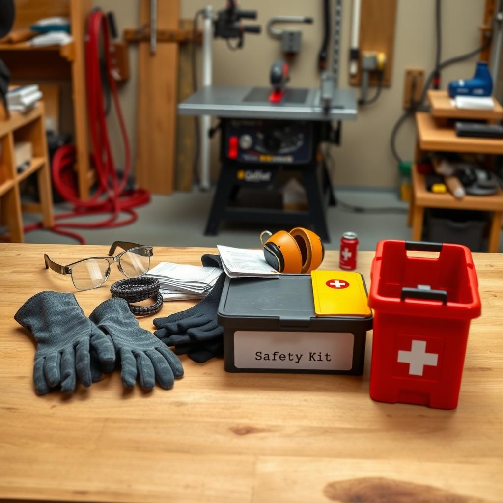 Workbench with safety kit, including glasses, gloves, ear protection, and a first-aid box in a clean workshop.