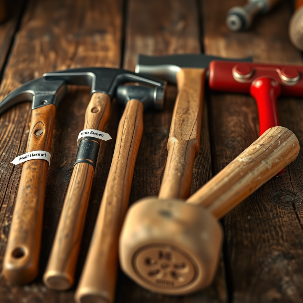 Assortment of different hammer types for DIY projects