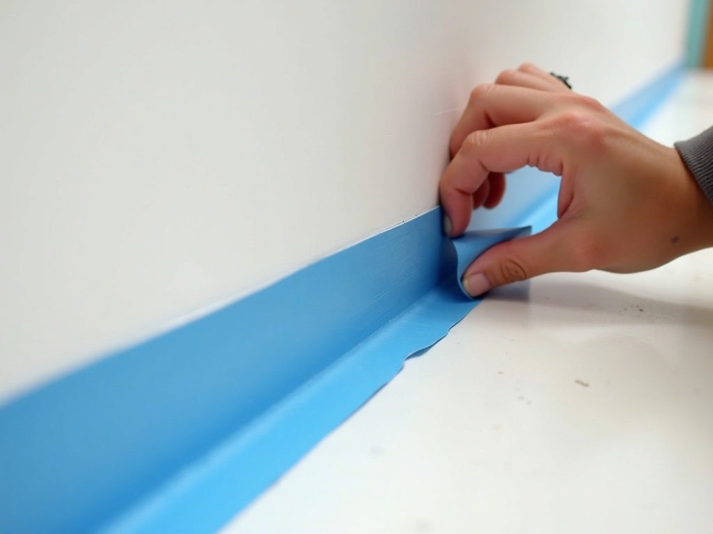 Applying painter's tape to baseboard